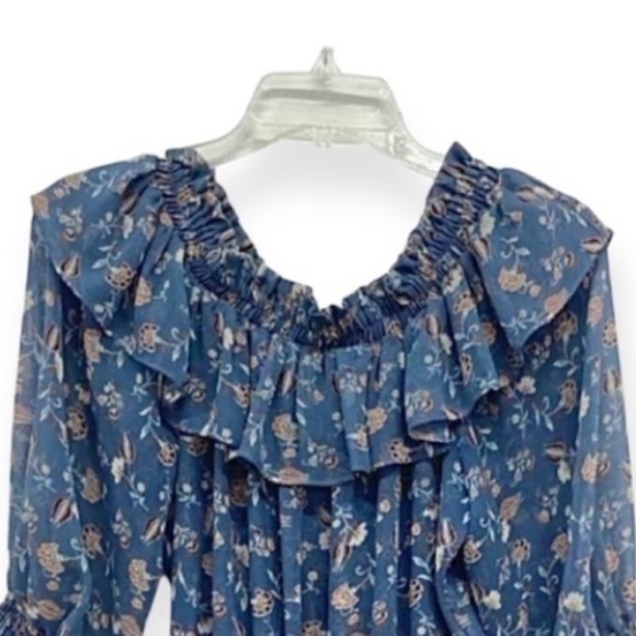 MISA Los Angeles Blue Floral Tiered Off the Shoulders Summer, Blue,Mini Dress, S - Picture 5 of 11